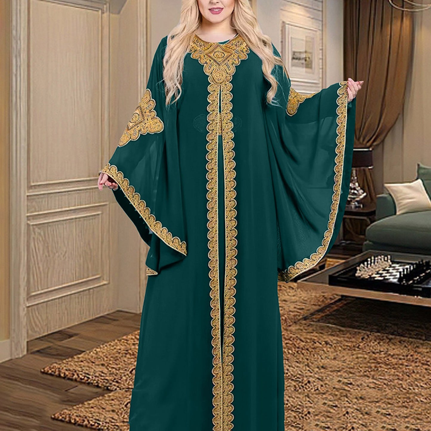 Party Dresses for Women Abaya Muslim Caftan 2 Piece Set Eid Flare Sleeves Robe image 1