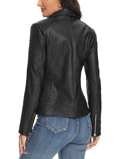 URBEST Women Faux Leather Jacket Black Motorcycle Moto Biker Short Coat image 2