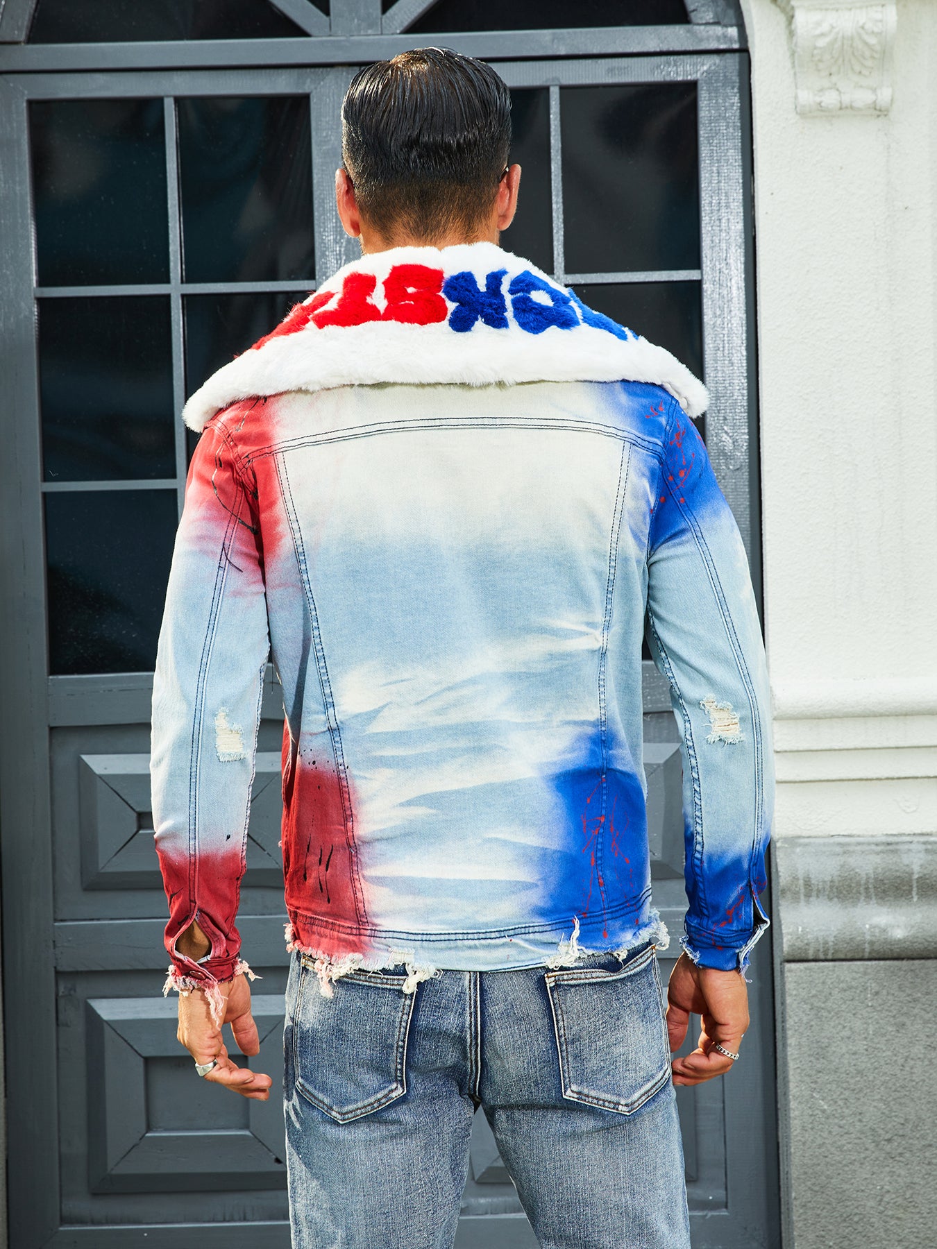 Men's fashion stretch jacket, full strip printing, fashion wash, has a very fas image 4