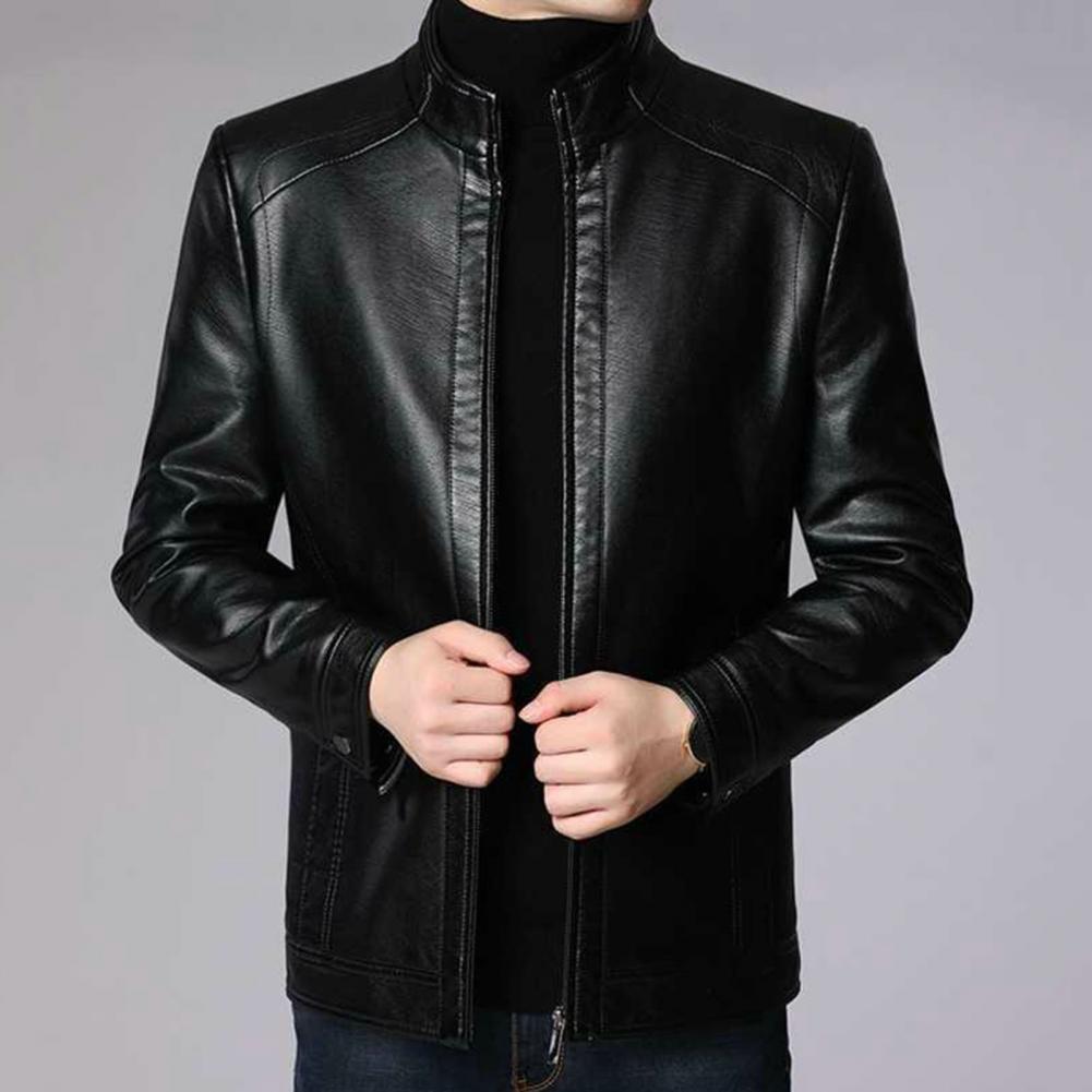 Men Faux Leather Jacket Men's Faux Leather Motorcycle Jacket with Stand Collar image 6