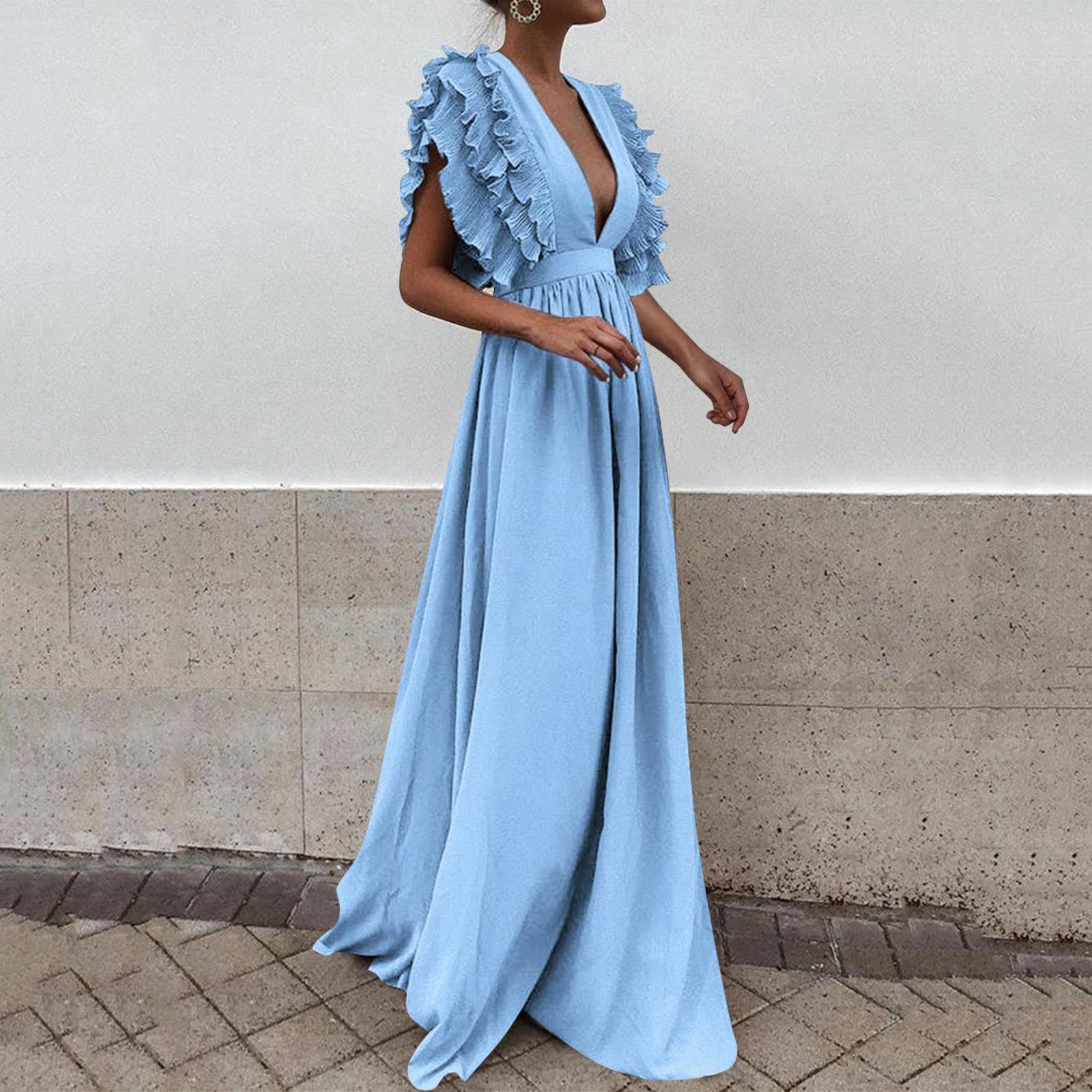 Sexy Deep V Neck Ruffle Sleeve Maxi Dresses for Women Elegant High Waist Cockta image 6