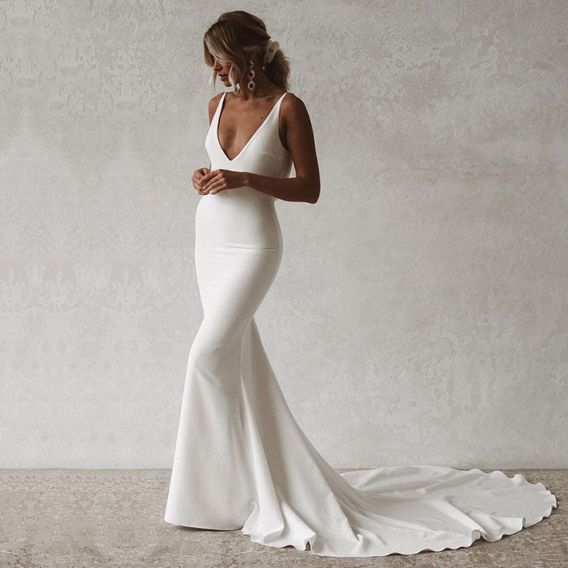 Mermaid Wedding Dress V-Neck Open Back Boho Wedding Gown Plain Long