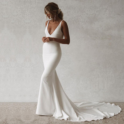 Mermaid Wedding Dress V-Neck Open Back Boho Wedding Gown Plain Long