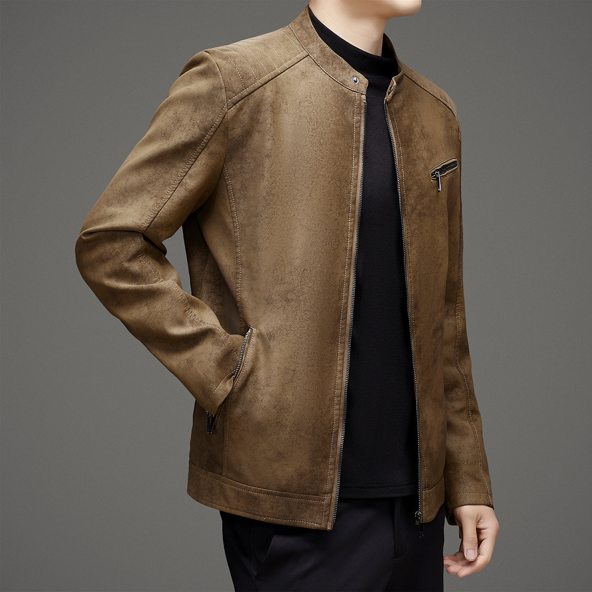 Winter Men's Leather Jacket Stand Up Collar Windproof Leather Jacket Men High Q image 5