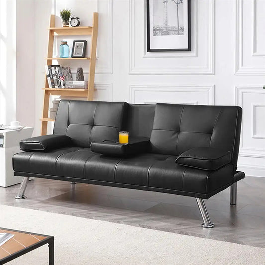 LuxuryGoods Modern Faux Leather Futon with Cupholders and Pillows, Black image 0