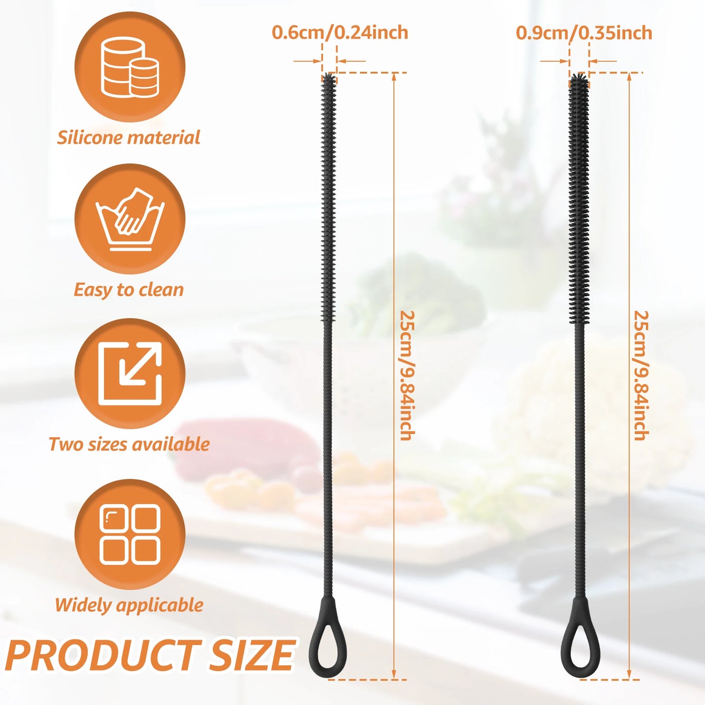 2 Pcs 6mm and 9mm Silicone Straw Brushes Reusable Straws Deep Cleaning Brush Lo image 3