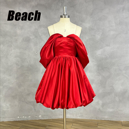 Beach Simple Red Strapless A-Line Prom Party Gowns 2024 Short Party Pleated Min