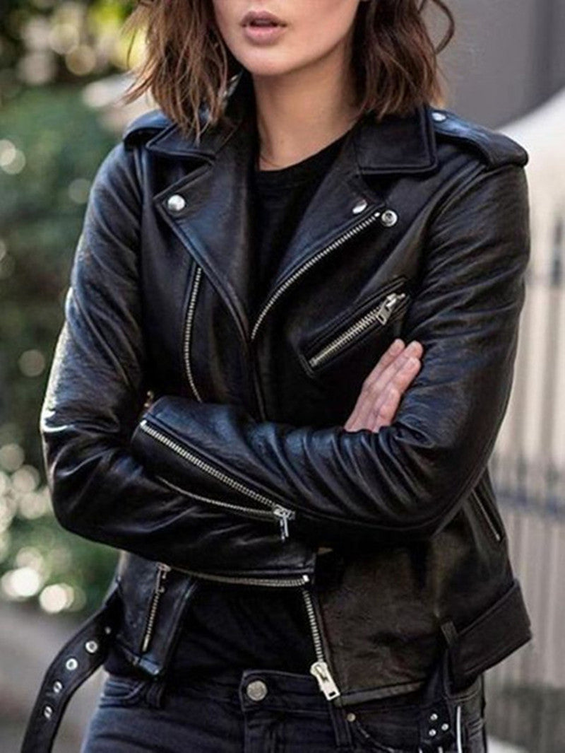 UR Women Faux Leather Jacket Black Motorcycle Moto Biker Short Coat