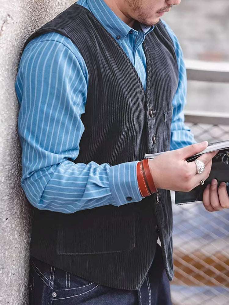 Classy Button-Up V Neck Corduroy Waistcoats Men'S Autumn Casual Solid Color Sleeve