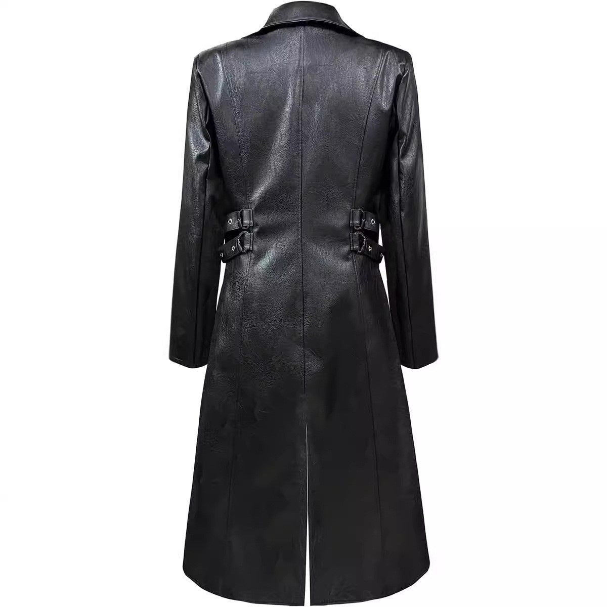 2025 New Steampunk Gothic Mid Length PU Leather Trench Coat Men Dark Brown Blac image 3