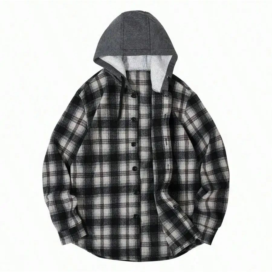 Flannel Hoodies For Men Casual Button Down PlaidLong Sleeve Lightweight Shirts  image 1