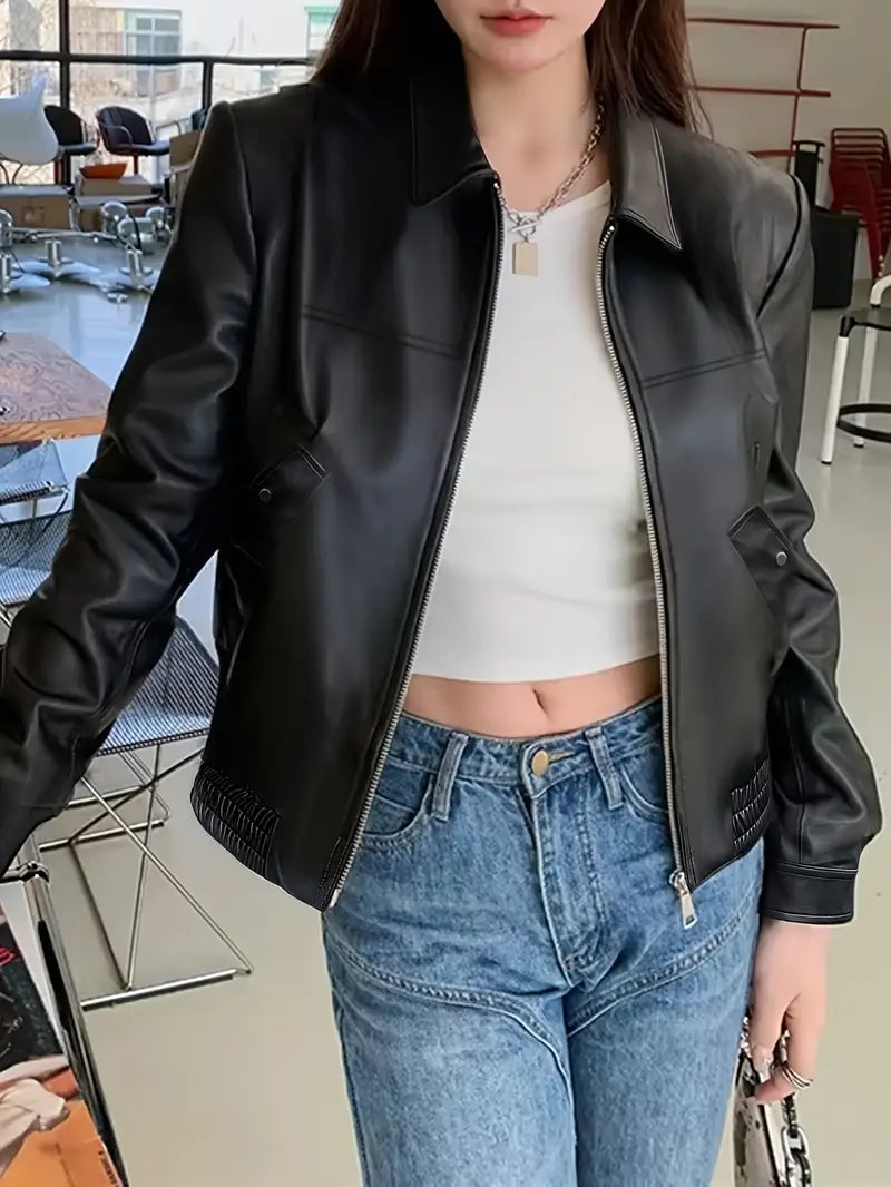 Women Fashion PU Motorcycle Jacket Zipper Pocket Leather Short Jacket image 0