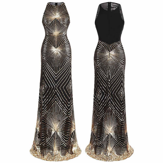 Women Evening Dress Long Formal Gown See Through Art Deco
