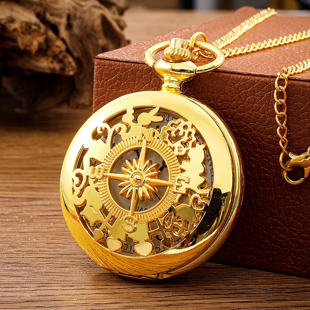 Antique Steampunk Vintage Arabic Numerals Quartz Pocket Watch Gold Case Necklac image 1