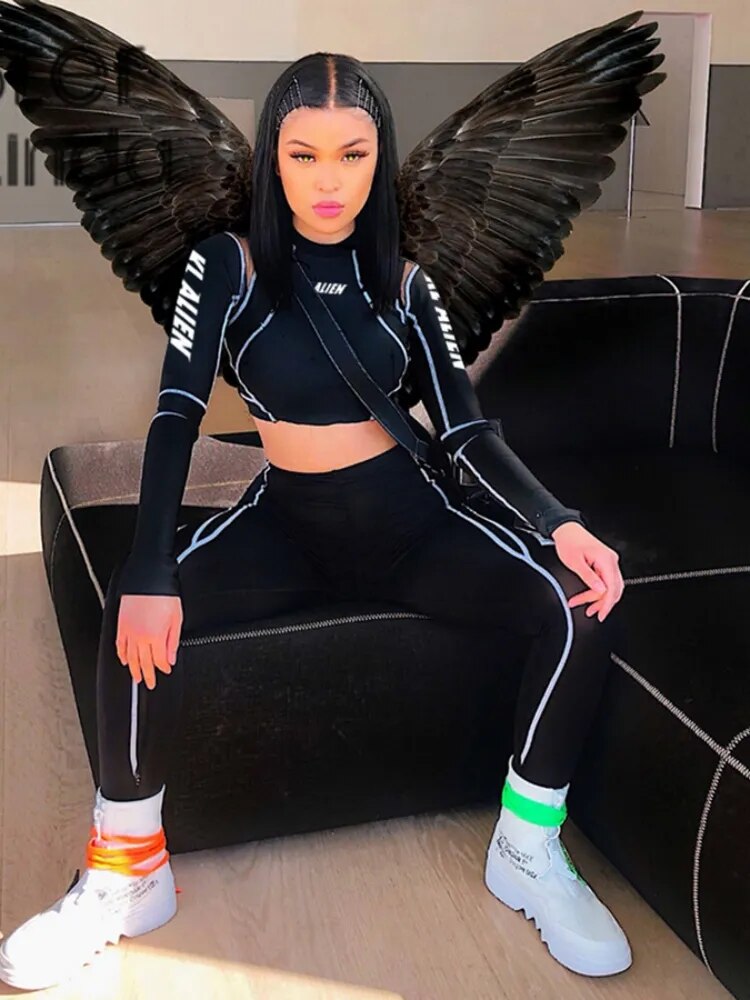 Sisterlinda Elastic Cool Matching Sets Long Sleeve Cropped Top And Pants 2 Piec