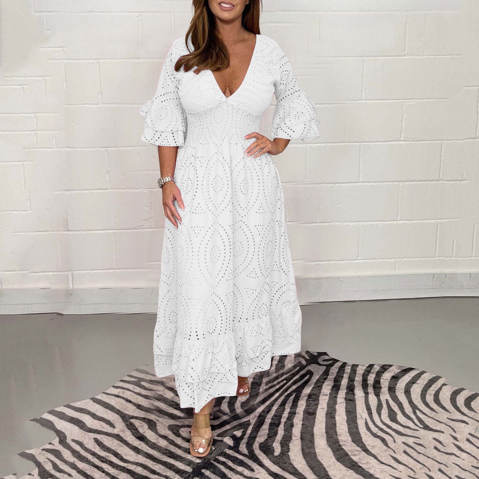 Women's Elegant V-neck White Hollow Out Party Long Dress Summer 2024 New Casual image 1