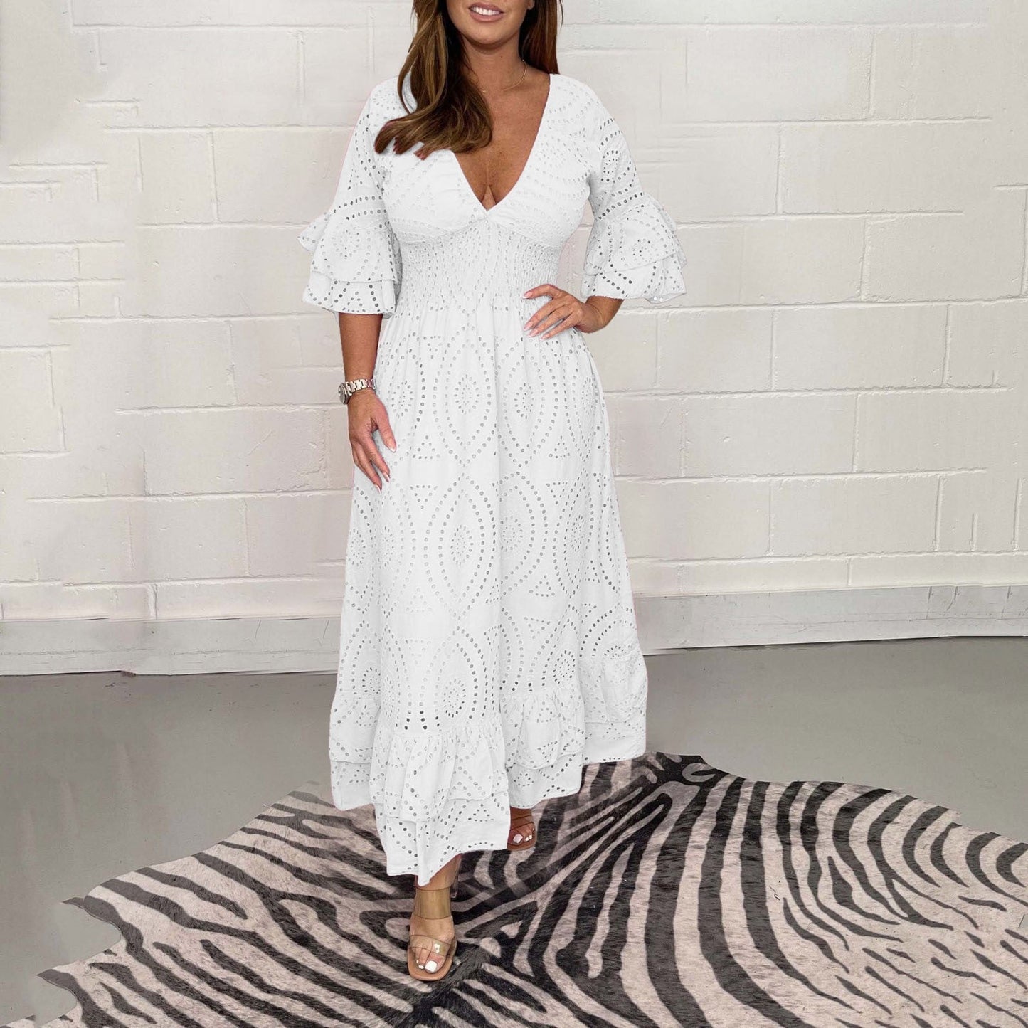 Women  V-neck White Hollow Out Party Long Dress Summer 2024 New Casual