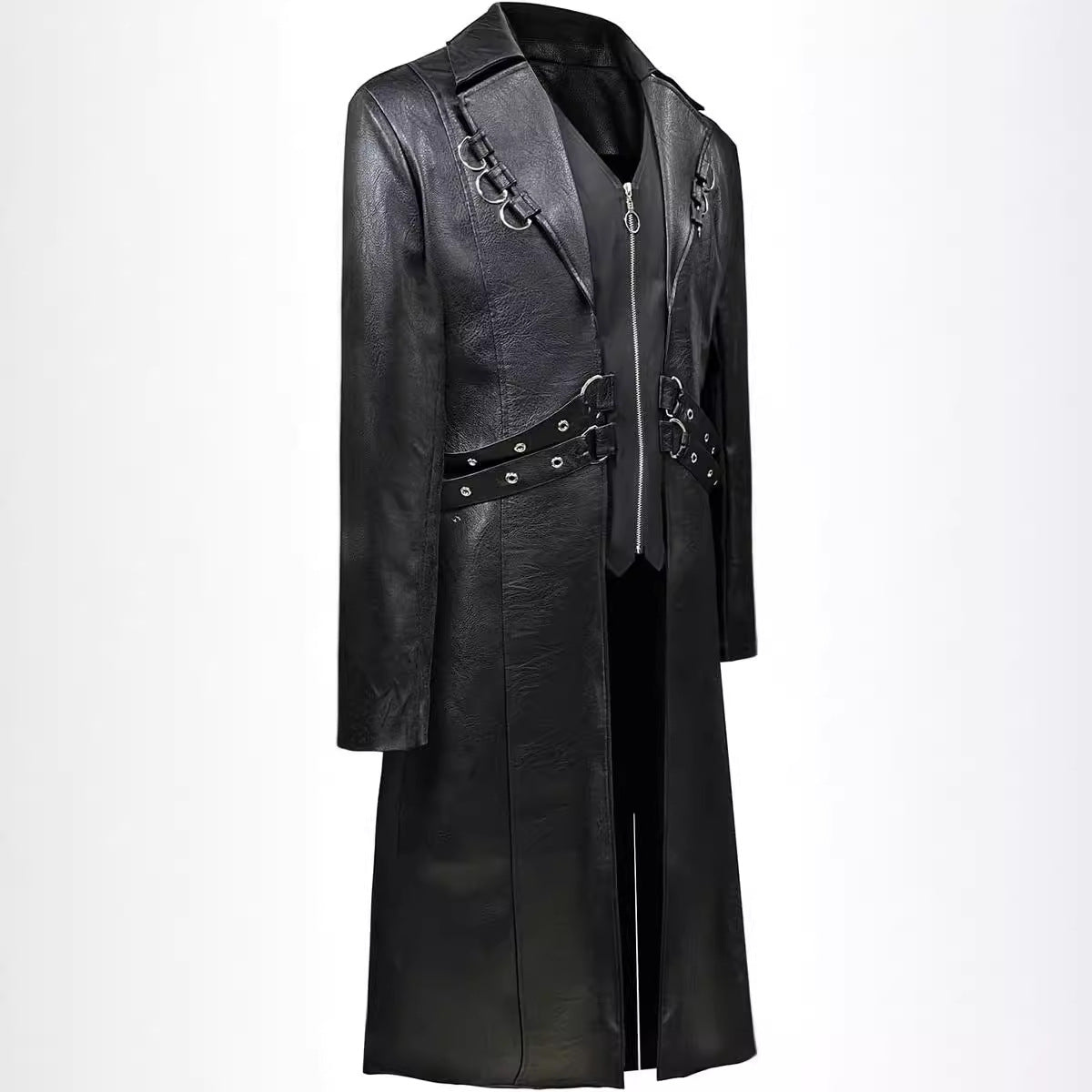 Men Steampunk Faux Leather Vintage Jacket Medieval Trench Coat Long Outwear Win image 4
