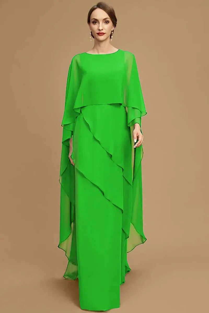 Elegant Women Party Dress Chiffon Batwing Cape Sleeve Tiered Asymmetric Trim O-