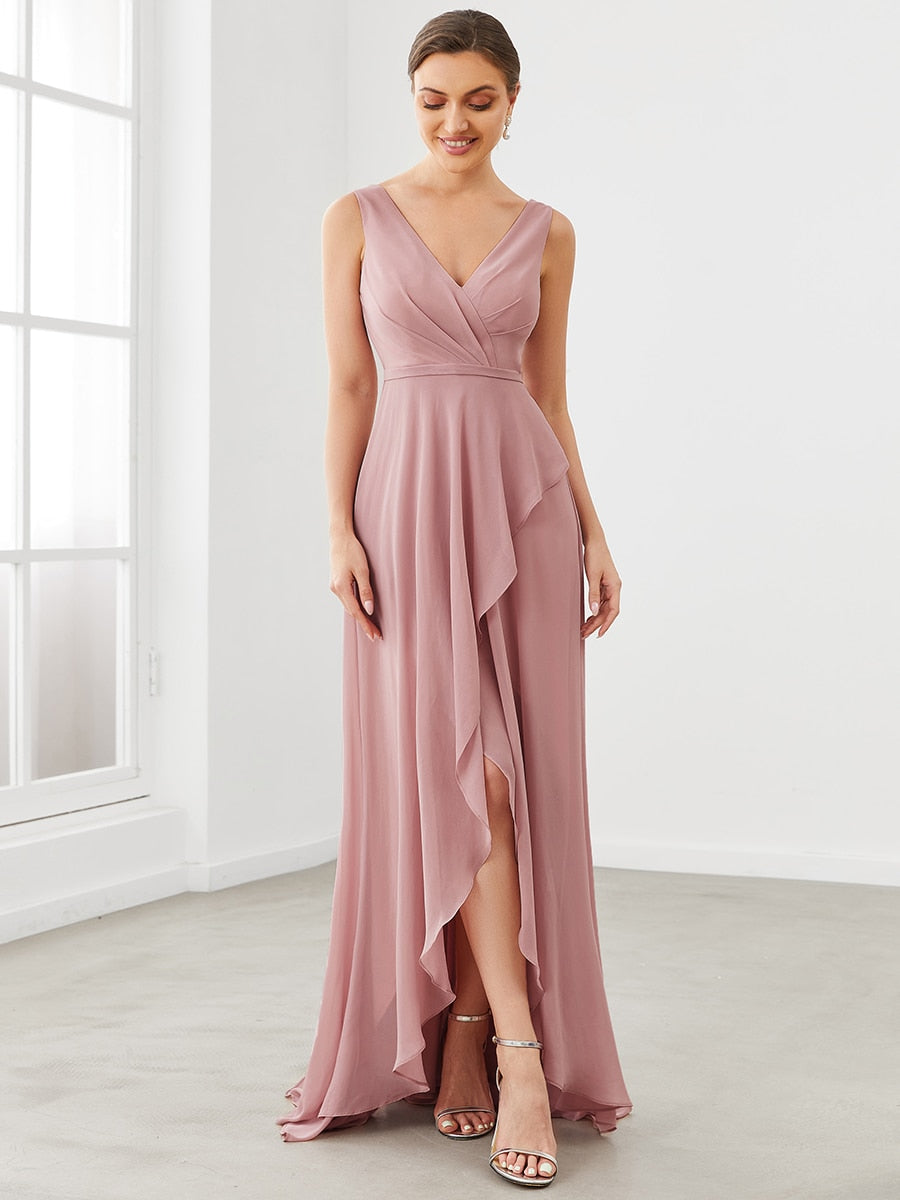 Chiffon Ruffled Hem Front Slit V-Neck Sleeveless Bridesmaid Dress image 0