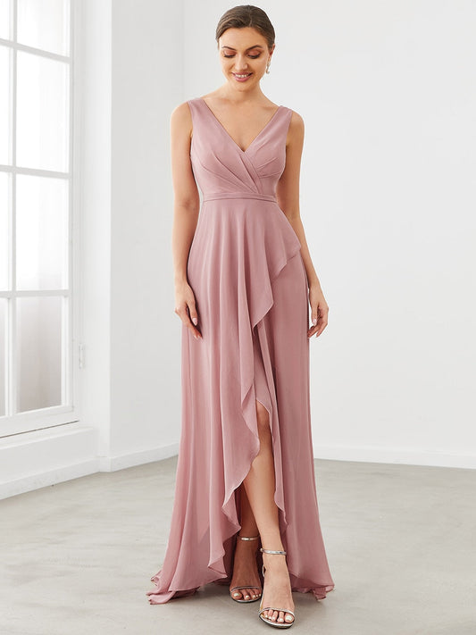 Chiffon Ruffled Hem Front Slit V-Neck Sleeveless Bridesmaid Dress image 0