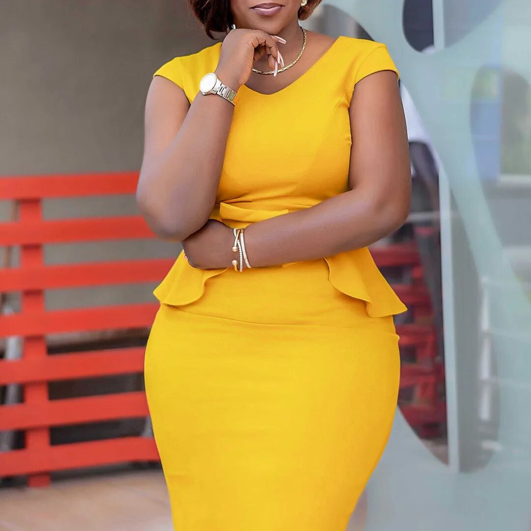 Plus Size Dress for Women Elegant Yellow Midi A-line Dress 2023 Summer Casual L