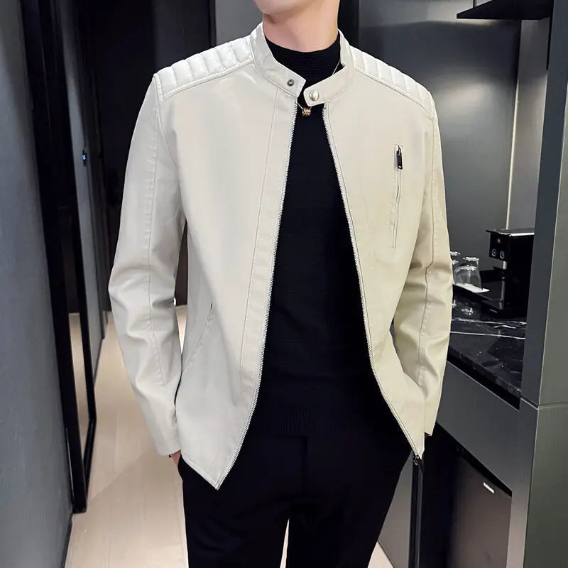 Spring and Autumn Men's Motorcycle Leather Jacket Casual Stand Collar Solid Col image 2