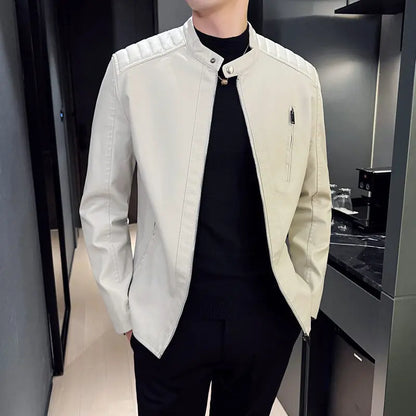 Spring and Autumn Men Motorcycle Leather Jacket Casual Stand Collar Solid Col image 2