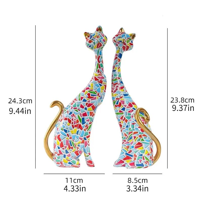 Colorful Cat Statue Oil Painting Cat Couple Sculptures Set Modern Resin Statue image 1