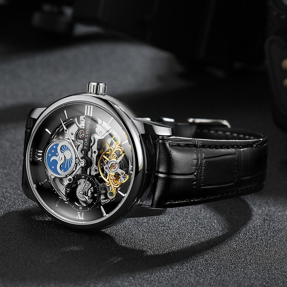 Forsining Luxury Skeleton Mechanical Watches for Men Dual Time Zone Tourbillion image 6