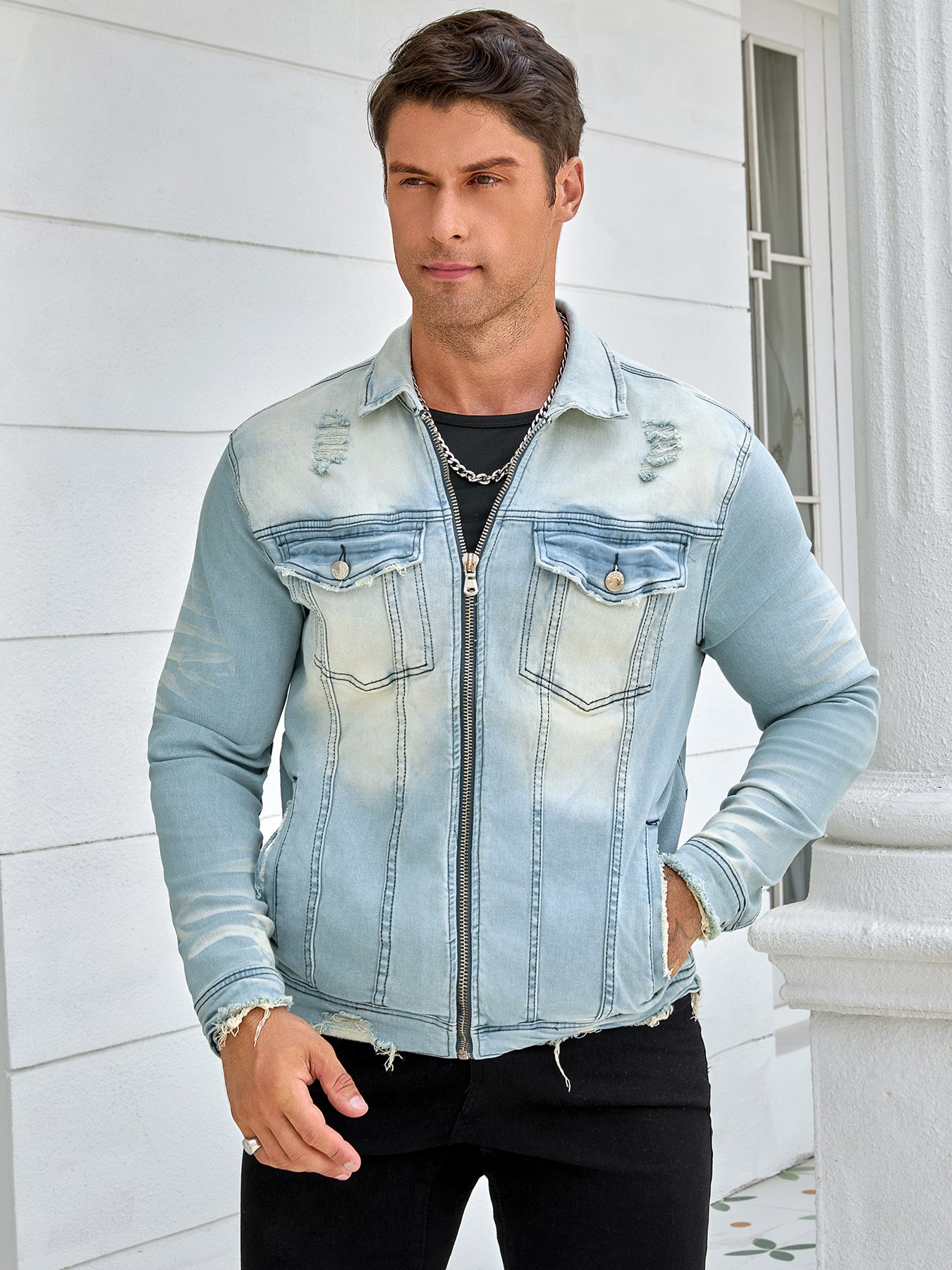 Men's denim stretch jacket, stylish zipper style, fashion wash, street rock sty image 2