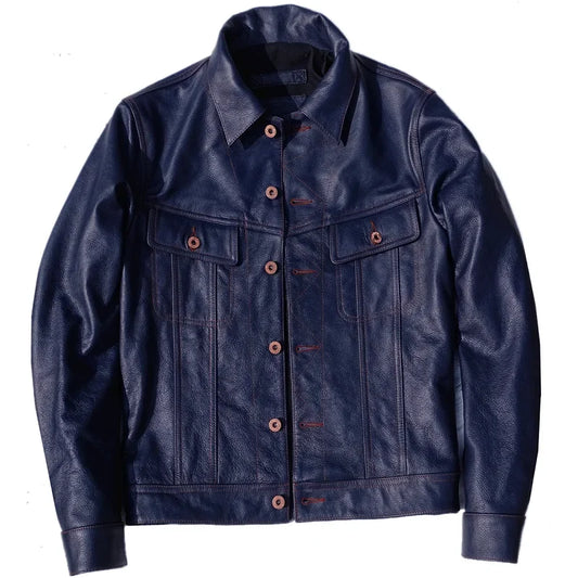 YR.Cuero Super slim blue genuine leather jacket.men classic casua