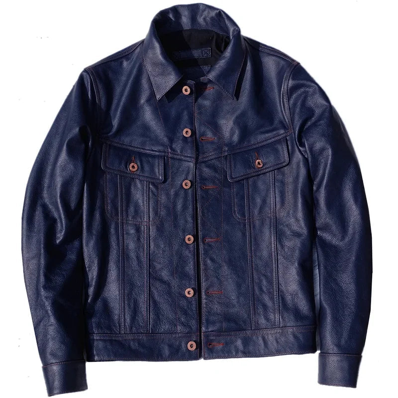 YR.Cuero Super slim blue genuine leather jacket.men classic casua