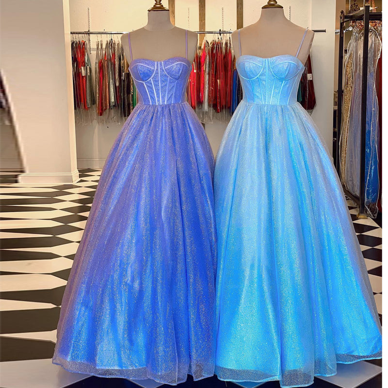 Glitter Spaghetti Strap Homecoming Dresses A Line Floor Length Prom Gown Real P image 3