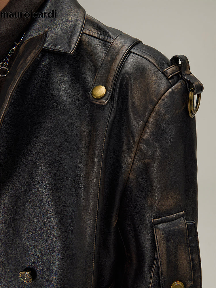 Mauroicardi Spring Autumn Long  Distressed Black Pu Leather Trench Coat Men Bel image 5
