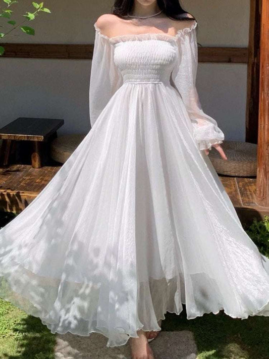 Horetong Elegant Maxi Dresses For Women White Off Shoulder Puff Long Sleeve Ela