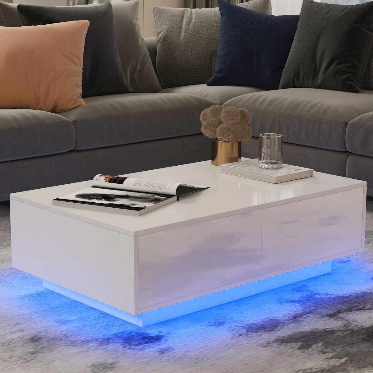 RGB LED Tea Table End Table For Home Office Coffee Table Wooden 4 Drawers Magaz image 3