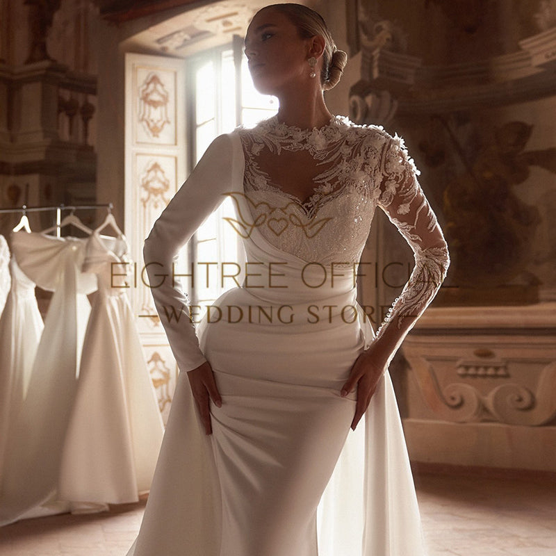 Eightree Formal Mermaid Wedding Dresses White Long Sleeve Appliques Satin Weddi image 2