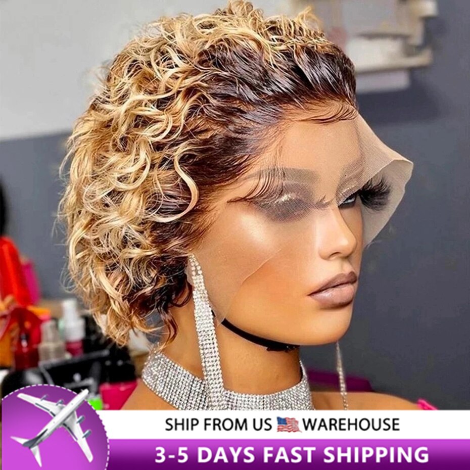 Short Pixie Cut Wig Human Hair Brazilian Remy 13*1 Transparent Lace For Black W