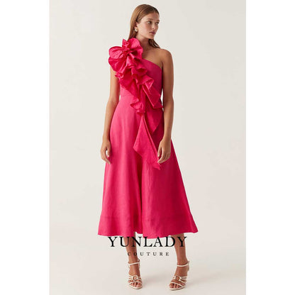 YUNLAN  Dubai Pink One Shoulder Sleeve Midi Ball Dress 2024 Women's Weddi