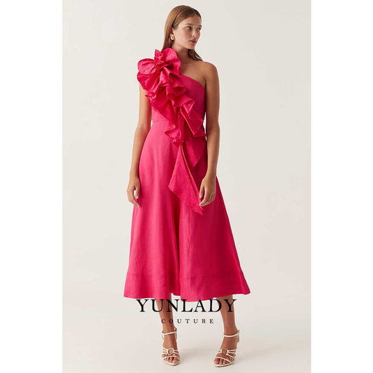 YUNLAN  Dubai Pink One Shoulder Sleeve Midi Ball Dress 2024 Women's Weddi