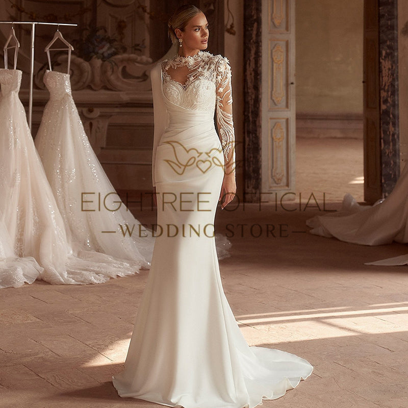 Eightree Formal Mermaid Wedding Dresses White Long Sleeve Appliques Satin Weddi image 3