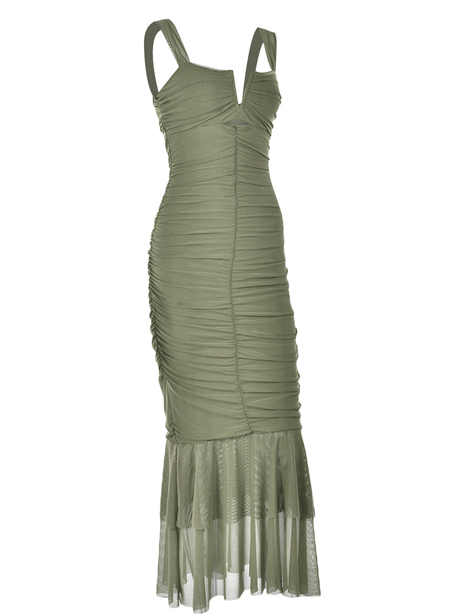 Lace Sleeveless Bodycon Dress with Mermaid Hem and Deep V Neckline for