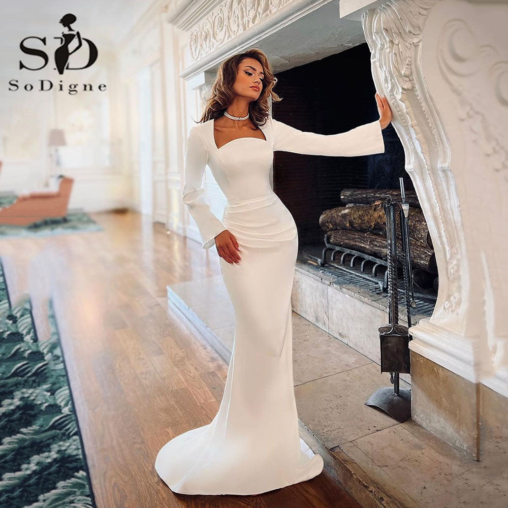 SoDigne 2024 Arabic Mermaid Wedding Dress Dubai Bride Dress Square Neck Long Sl