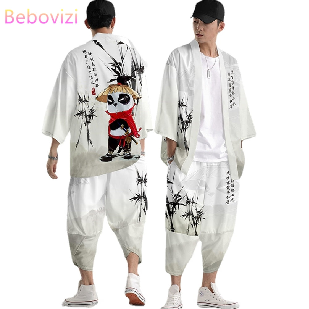 2021 Panda Print Chinese Style Robe Fashion Japanese Kimono Beach Harajuku Men