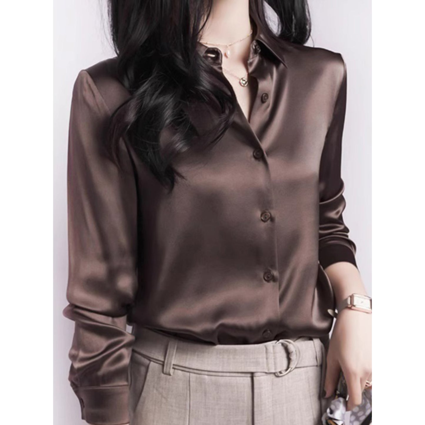 2024 Summer Trend Fashion Women's Casual Elegant Satin Long Sleeved Shirt Offic image 4