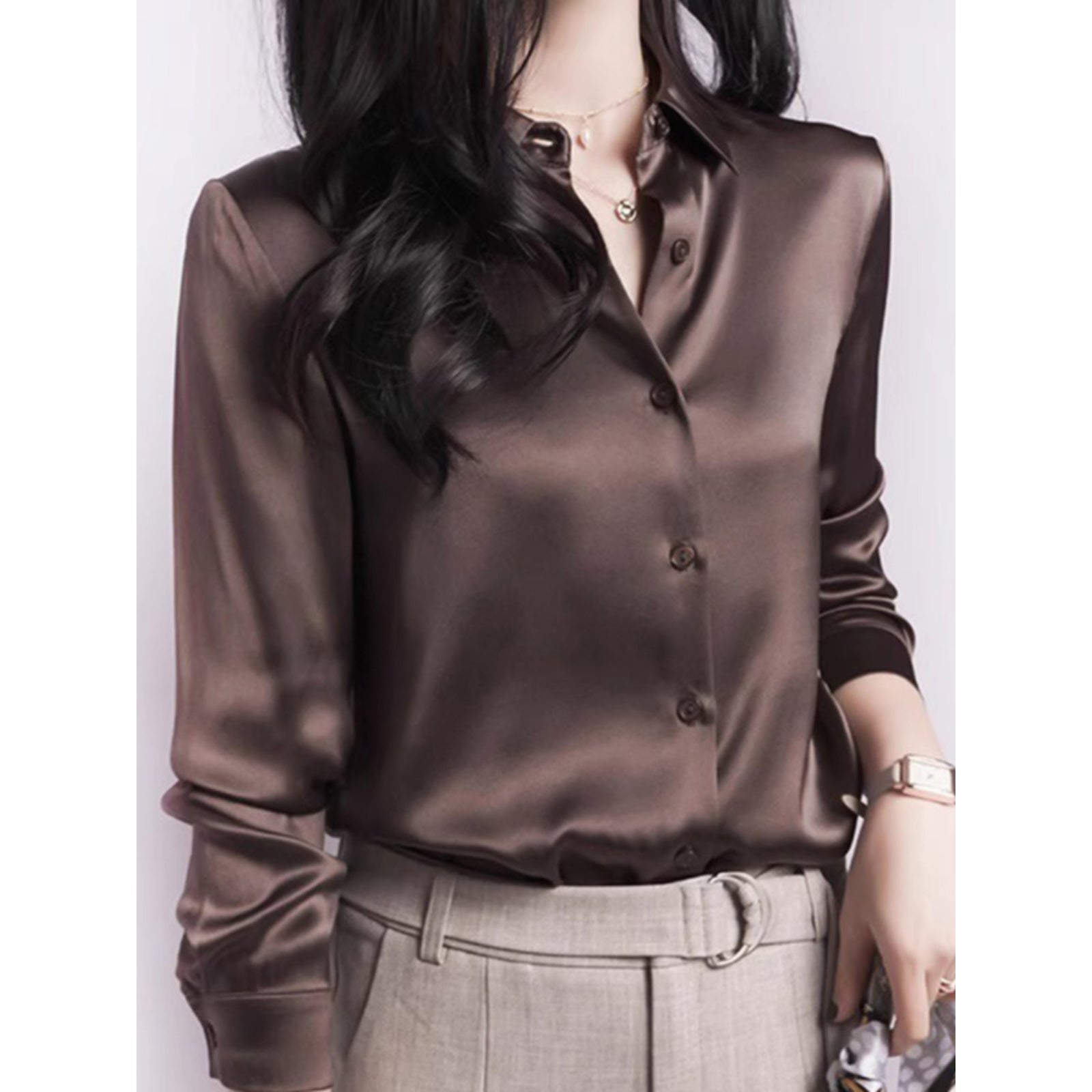 2024 Summer Trend Fashion Women's Casual Elegant Satin Long Sleeved Shirt Offic image 4