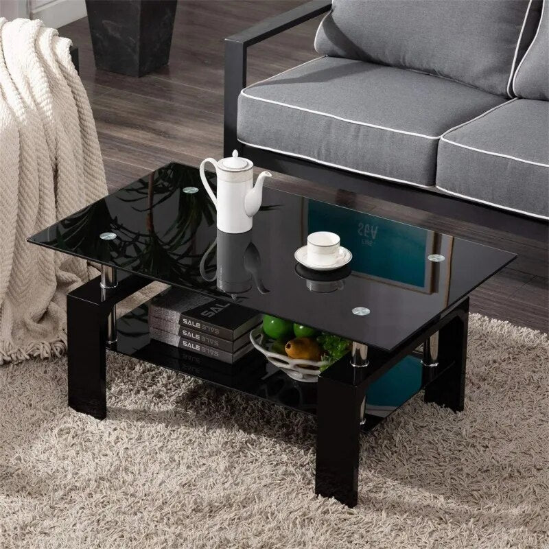 Rectangle Tempered Glass Coffee Table Metal Tube Legs End Table for Living Room image 9