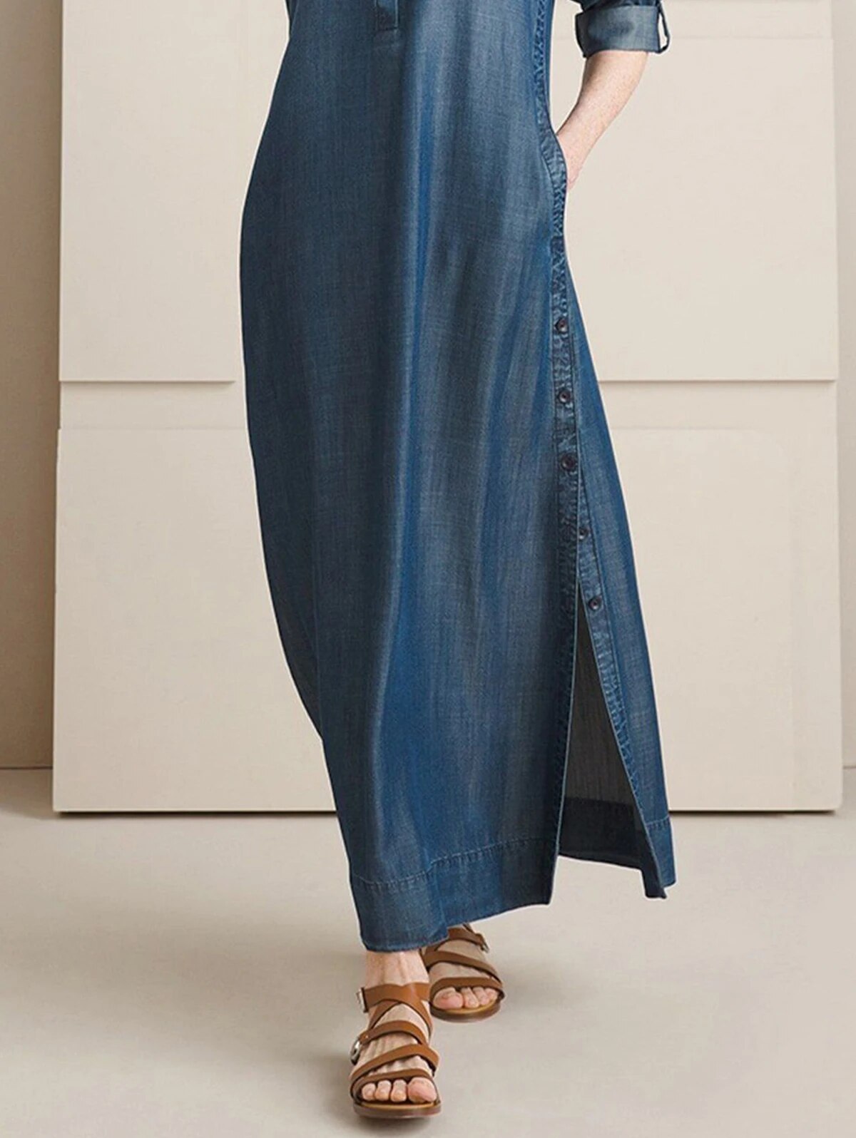 Women Plus Size Dress Faux Denim Lapel Collar Straight Casual Vintage Loose H