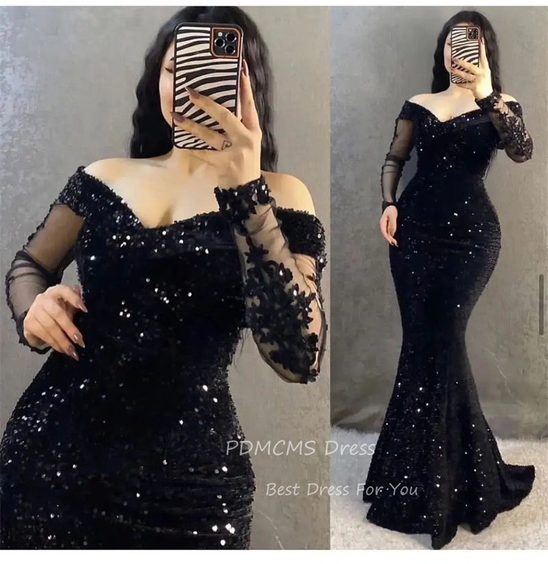 Sexy Sequin Mermaid Evening Dresses Backless Prom Dress Long Sleeves Plus Party image 1